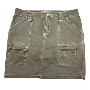 Vintage 00s Y2K Roxy Olive Green Denim Zip Pocket Utility Mini Skirt 11 32x17.5"
